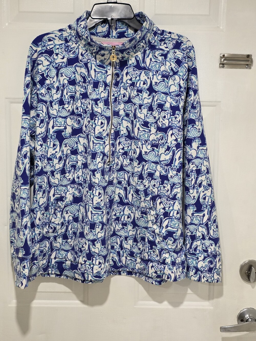 Lilly Pulitzer Blue and White Palm-Accent Zip Top